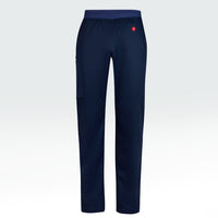 Men's navy scrub pants featuring Heart Foundation brand mark in red/white print on left hip.