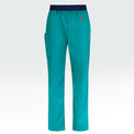 Men's teal scrub pants featuring Heart Foundation brand mark in red/white print on left hip.