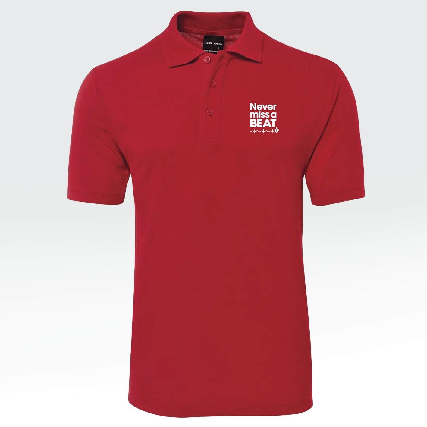 Heart Foundation men's red polo shirt featuring white embroidered 'Never miss a BEAT' tag line.