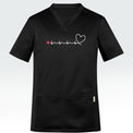 Men's black scrub top featuring heartbeat line across front chest ending with stylised heart shape and incorporating Heart Foundation brand mark.