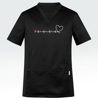 Men's black scrub top featuring heartbeat line across front chest ending with stylised heart shape and incorporating Heart Foundation brand mark.