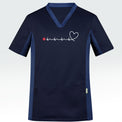 Men's navy scrub top featuring heartbeat line across front chest ending with stylised heart shape and incorporating Heart Foundation brand mark.