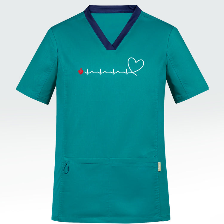 Men's teal scrub top featuring heartbeat line across front chest ending with stylised heart shape and incorporating Heart Foundation brand mark.