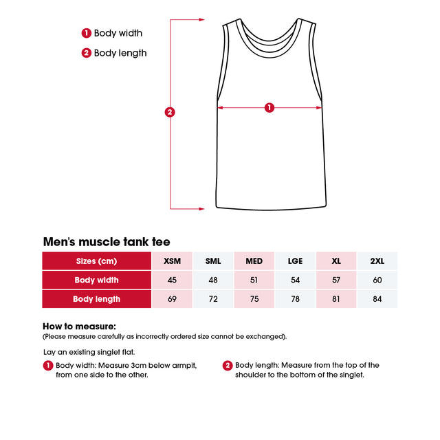 Heart Foundation men's tank t-shirt size chart including 'How to measure' instructions.