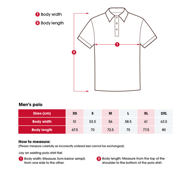 Heart Foundation men's polo shirt size chart including 'How to measure' instructions.