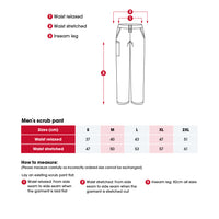 Heart Foundation men's scrub pants size chart including 'How to measure' instructions.