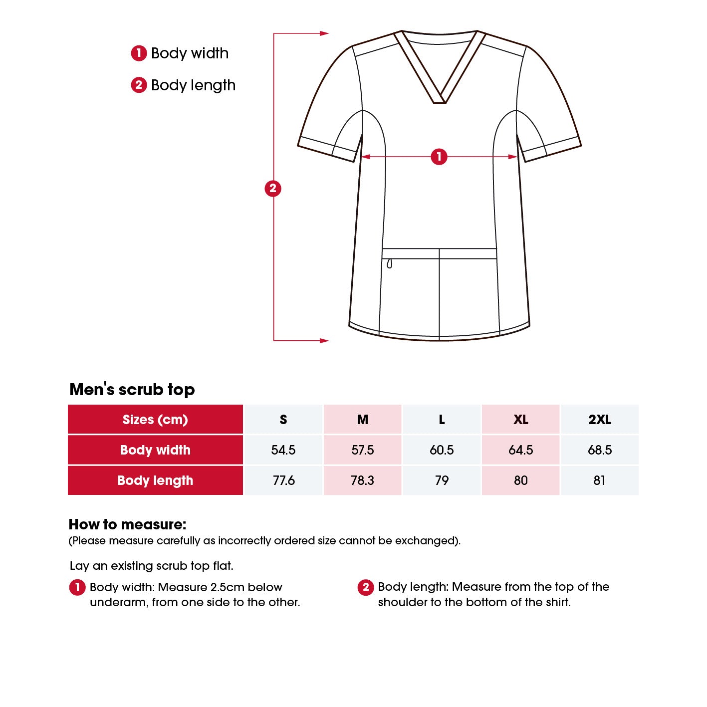 Heart Foundation men's scrub top size chart including 'How to measure' instructions.