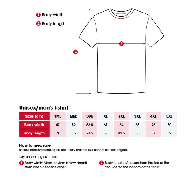 Heart Foundation unisex/men's polo shirt size chart including 'How to measure' instructions.