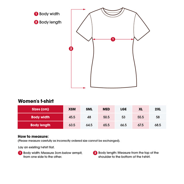 Heart Foundation women's t-shirt size chart including 'How to measure' instructions.