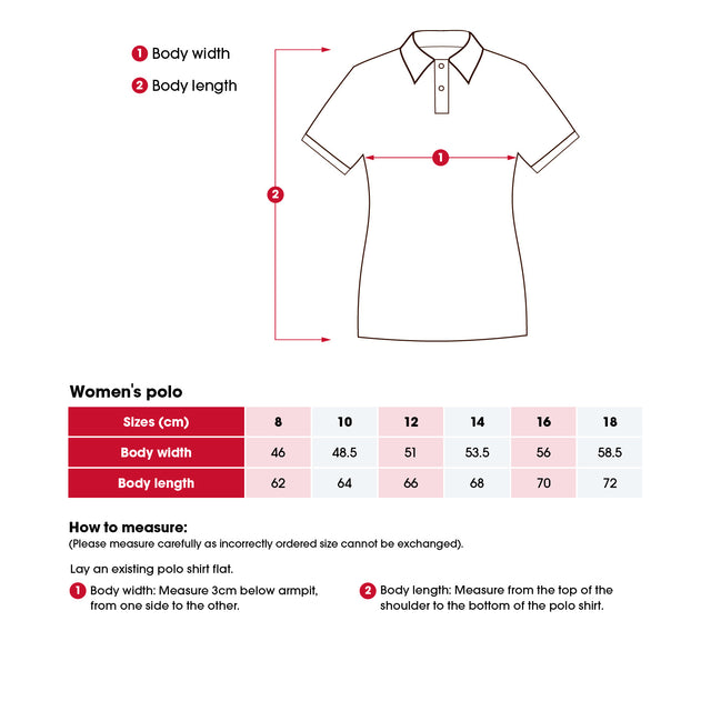 Heart Foundation women's polo shirt size chart including 'How to measure' instructions.