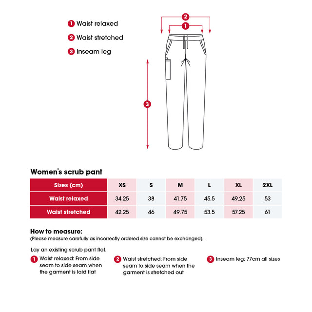 Heart Foundation women's scrub pants size chart including 'How to measure' instructions.