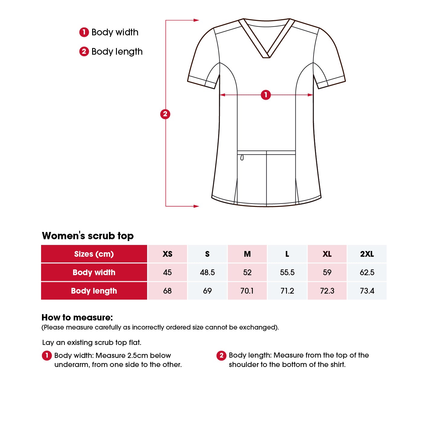 Heart Foundation women's scrub top size chart including 'How to measure' instructions.