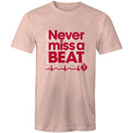 Pale pink Heart Foundation unisex t-shirt featuring heartbeat line and Never miss a BEAT tag line printed in red/white.  Developed to raise awareness of heart health.