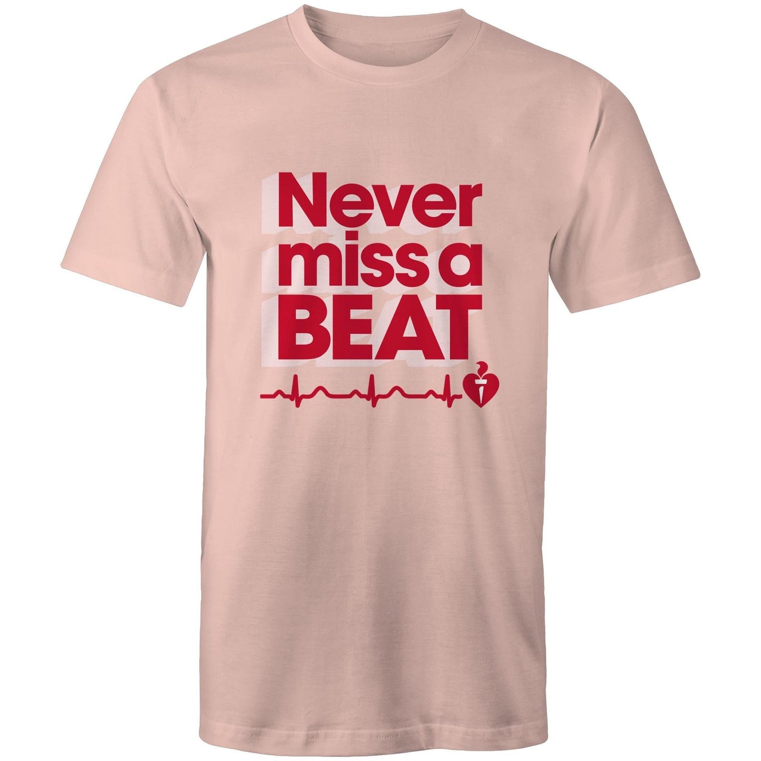 Pale pink Heart Foundation unisex t-shirt featuring heartbeat line and Never miss a BEAT tag line printed in red/white.  Developed to raise awareness of heart health.