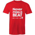 Red Heart Foundation unisex t-shirt featuring heartbeat line and Never miss a BEAT tag line printed in white.  Developed to raise awareness of heart health.