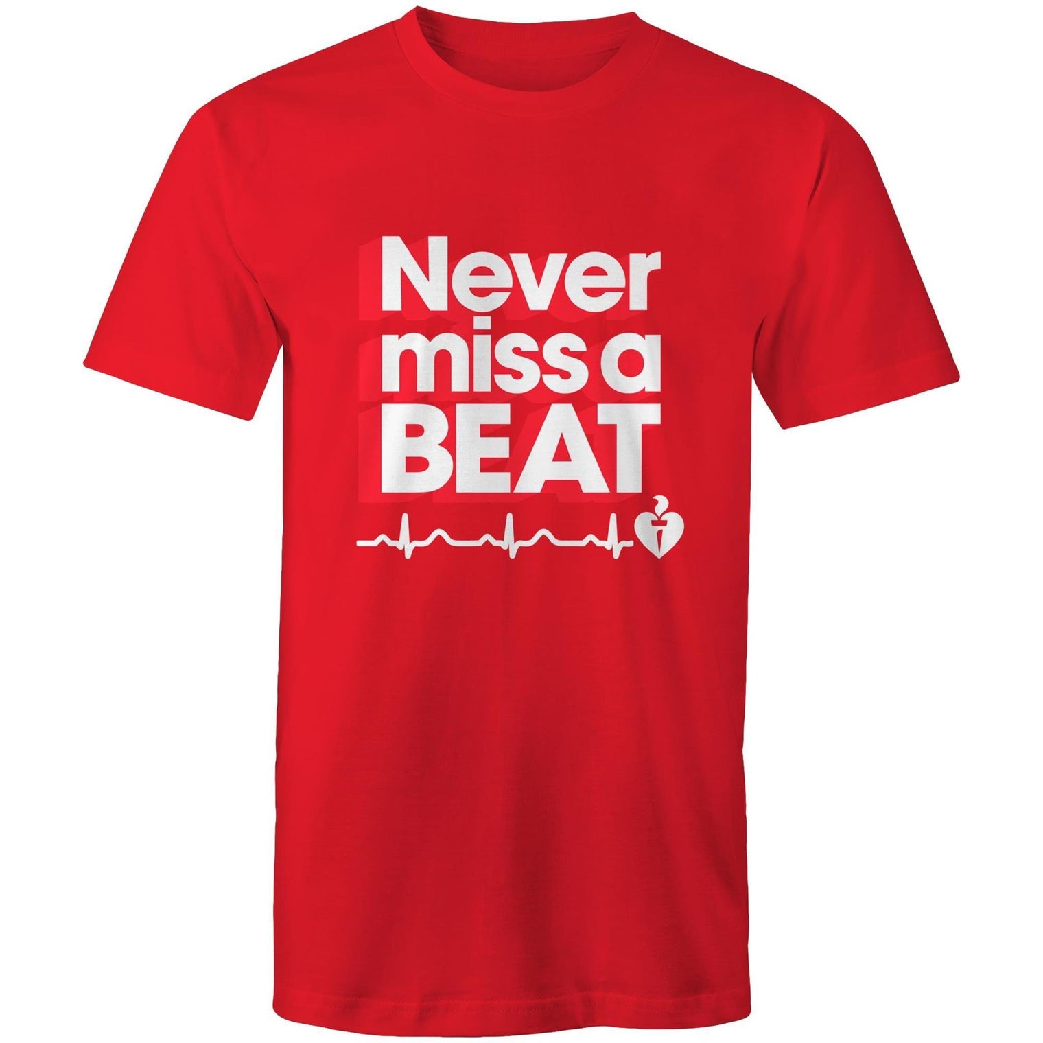 Red Heart Foundation unisex t-shirt featuring heartbeat line and Never miss a BEAT tag line printed in white.  Developed to raise awareness of heart health.