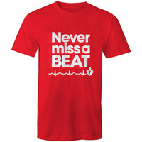 Red Heart Foundation unisex t-shirt featuring heartbeat line and Never miss a BEAT tag line printed in white.  Developed to raise awareness of heart health.