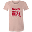 Pale pink Heart Foundation women's t-shirt featuring heartbeat line and Never miss a BEAT tag line printed in red.  Developed to raise awareness of heart health.