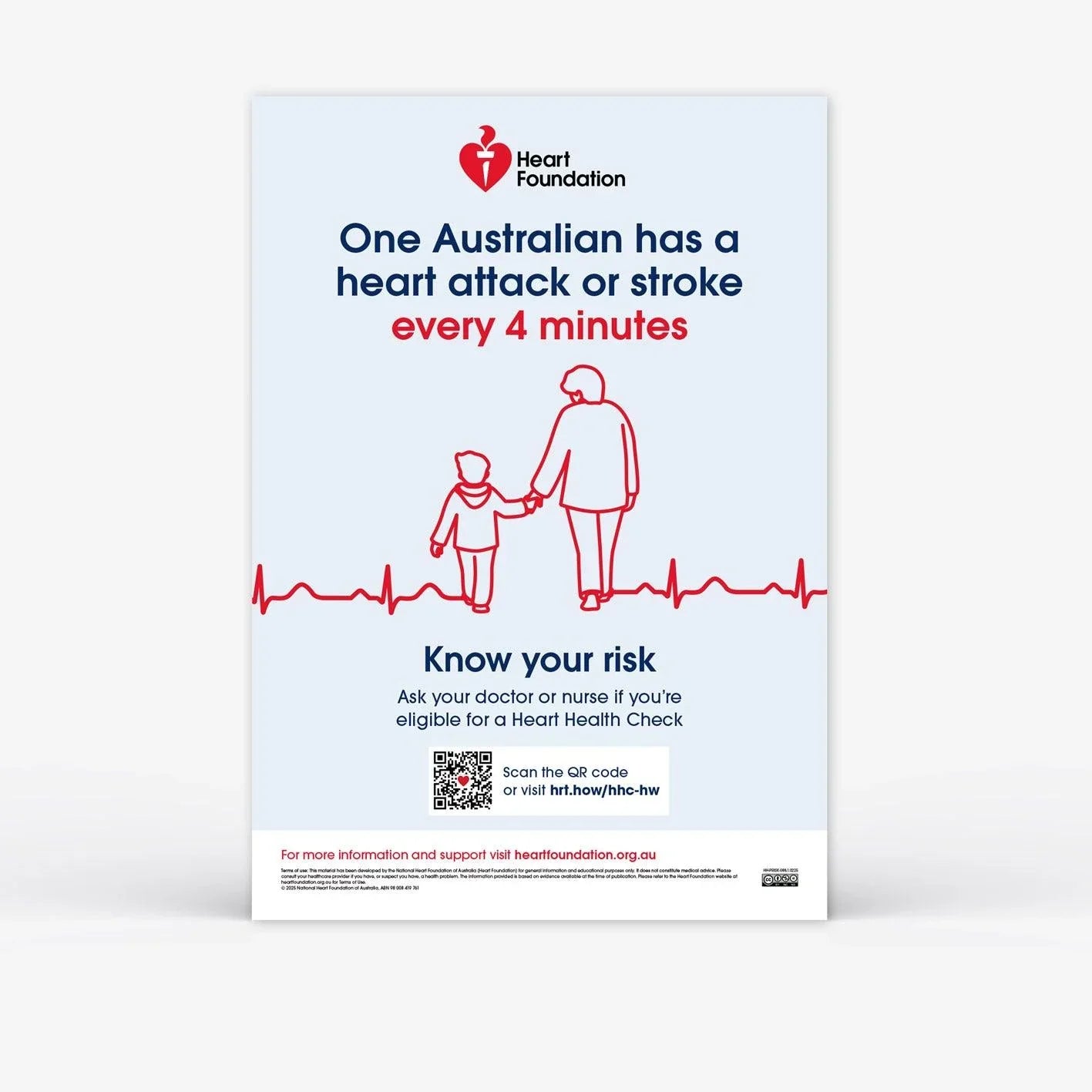 Poster promoting heart health checks to assess your risk of heart disease. Includes Heart Foundation branding, a QR code linking to more information. 