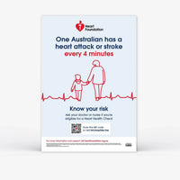 Poster promoting heart health checks to assess your risk of heart disease. Includes Heart Foundation branding, a QR code linking to more information. 