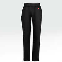 Women's black scrub pants featuring Heart Foundation brand mark in red/white print on left hip.