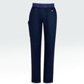 Women's navy scrub pants featuring Heart Foundation brand mark in red/white print on left hip.