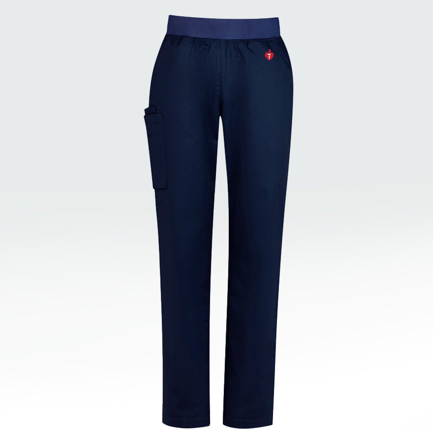 Women's navy scrub pants featuring Heart Foundation brand mark in red/white print on left hip.