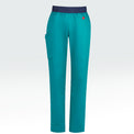 Women's teal scrub pants featuring Heart Foundation brand mark in red/white print on left hip.