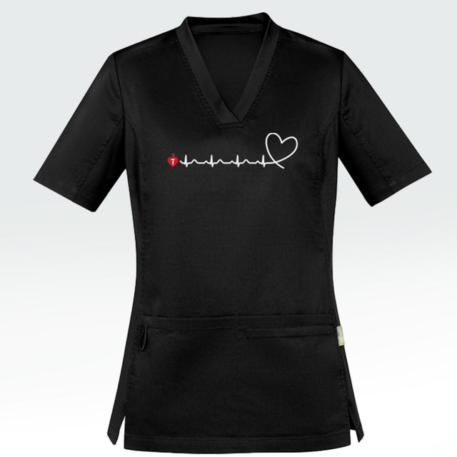 Women's black scrub top featuring heartbeat line across front chest ending with stylised heart shape and incorporating Heart Foundation brand mark.