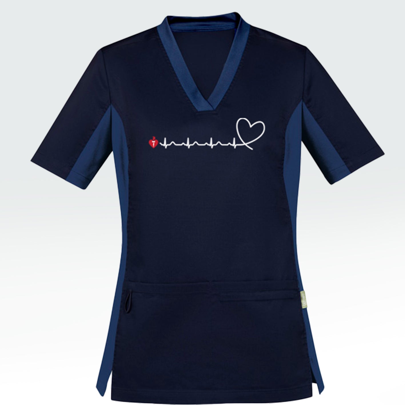 Women's navy scrub top featuring heartbeat line across front chest ending with stylised heart shape and incorporating Heart Foundation brand mark.