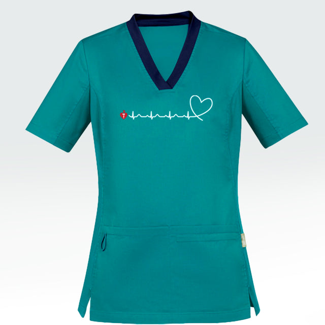 Women's teal scrub top featuring heartbeat line across front chest ending with stylised heart shape and incorporating Heart Foundation brand mark.