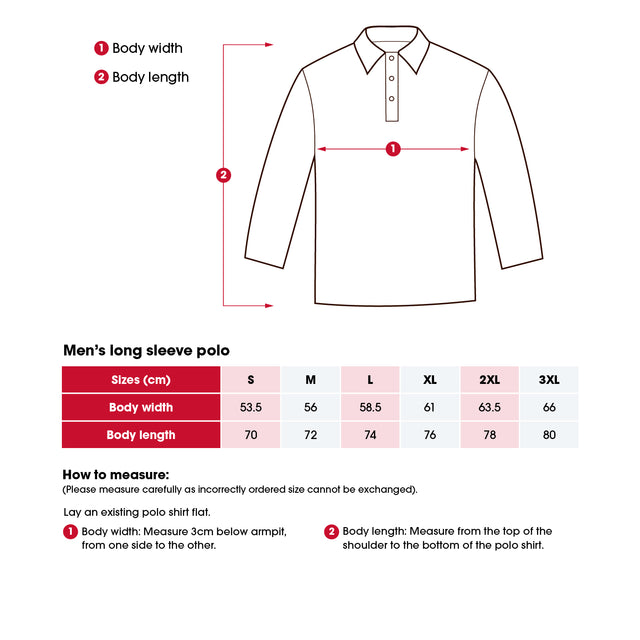 Heart Foundation men's long sleeved polo shirt size chart including 'How to measure' instructions.