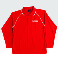 Heart Foundation Walking's red long sleeved polo shirt, showing white collar accents on raglan sleeve seam and collar.