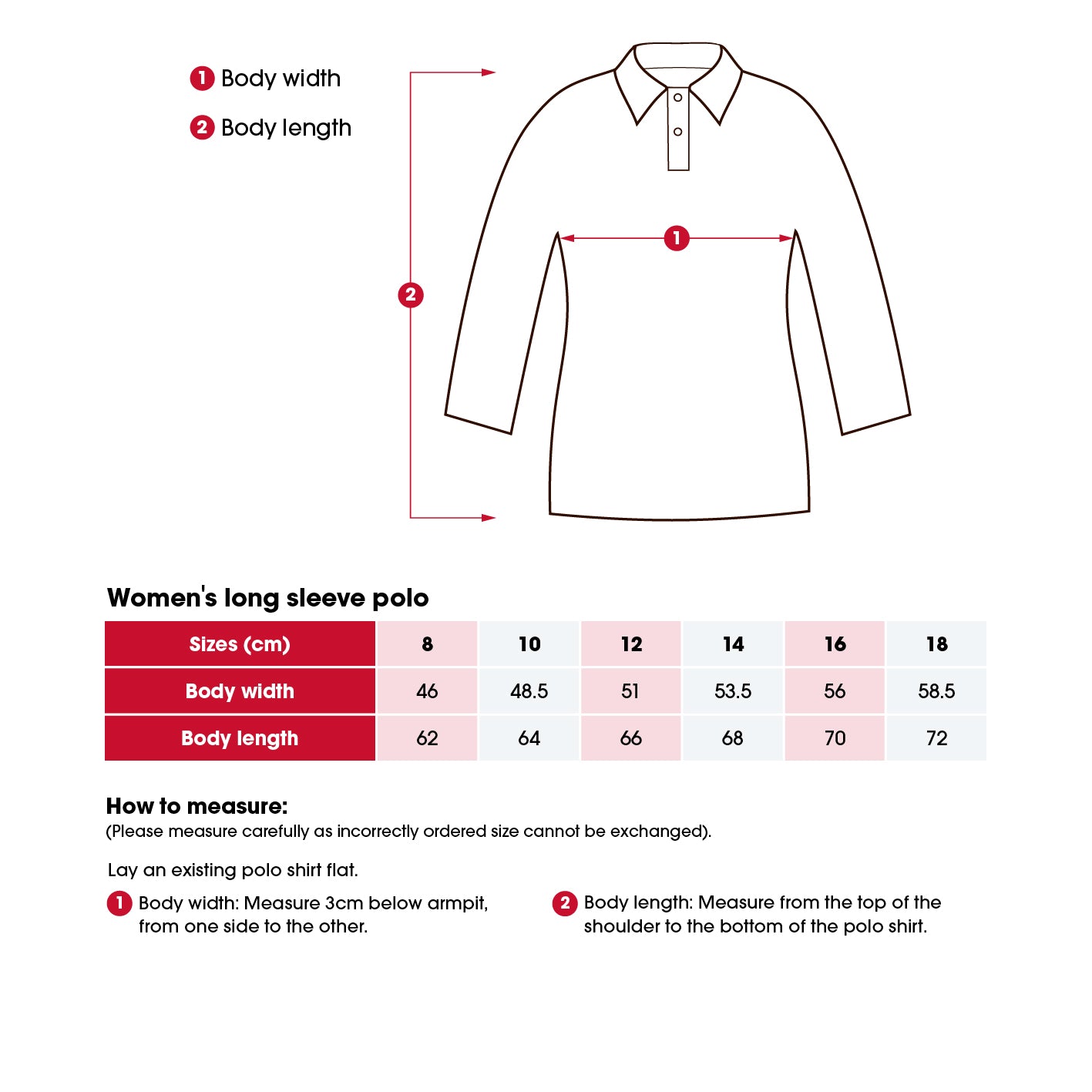 Heart Foundation women's long sleeved polo shirt size chart including 'How to measure' instructions.