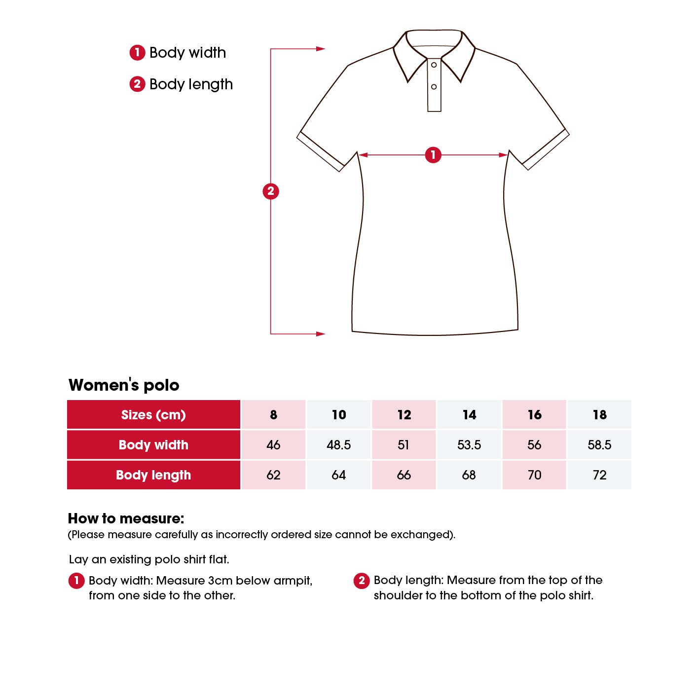 Heart Foundation women's short sleeved polo shirt size chart including 'How to measure' instructions.