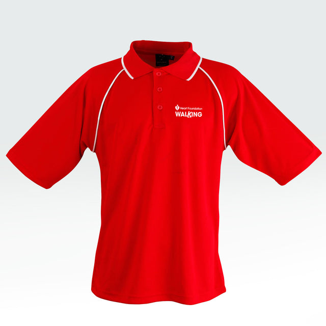 Heart Foundation Walking men's short sleeved polo shirt, showing white collar accents on raglan sleeve seam and collar.
