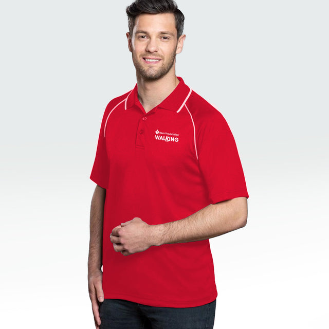 Man modelling the Heart Foundation Walking men's short sleeved polo shirt, showing white collar accents on raglan sleeve seam and collar.