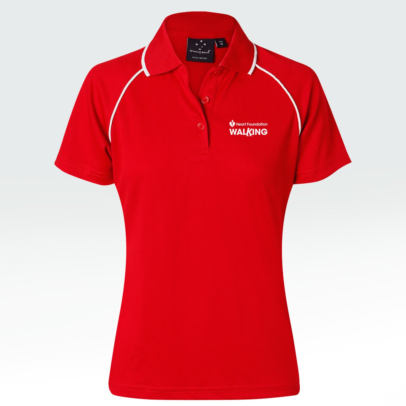 Heart Foundation Walking women's short sleeved polo shirt, showing white collar accents on raglan sleeve seam and collar.