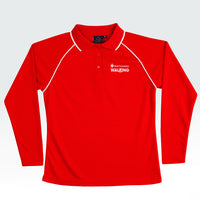 Heart Foundation Walking's red long sleeved polo shirt, showing white collar accents on raglan sleeve seam and collar.