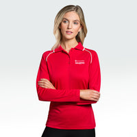 Woman modelling the Heart Foundation Walking's red long sleeved polo shirt, showing white collar accents on raglan sleeve seam and collar.