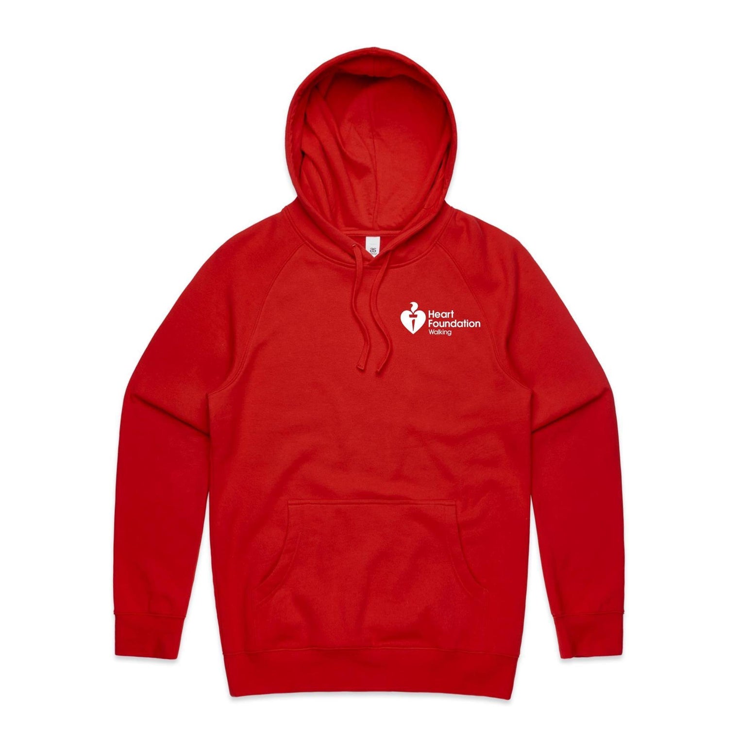 Red unisex hoodie featuring white Heart Foundation Walking logo left chest. Designed for walkers to help promote walking and a healthy and active lifestyle.