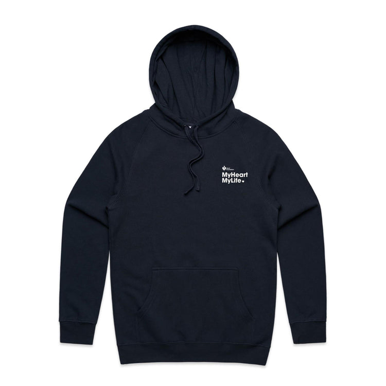 Navy Heart Foundation MyHeart MyLife unisex hoodie. Developed to promote the MyHeart MyLife support program for those recovering from a heart event.