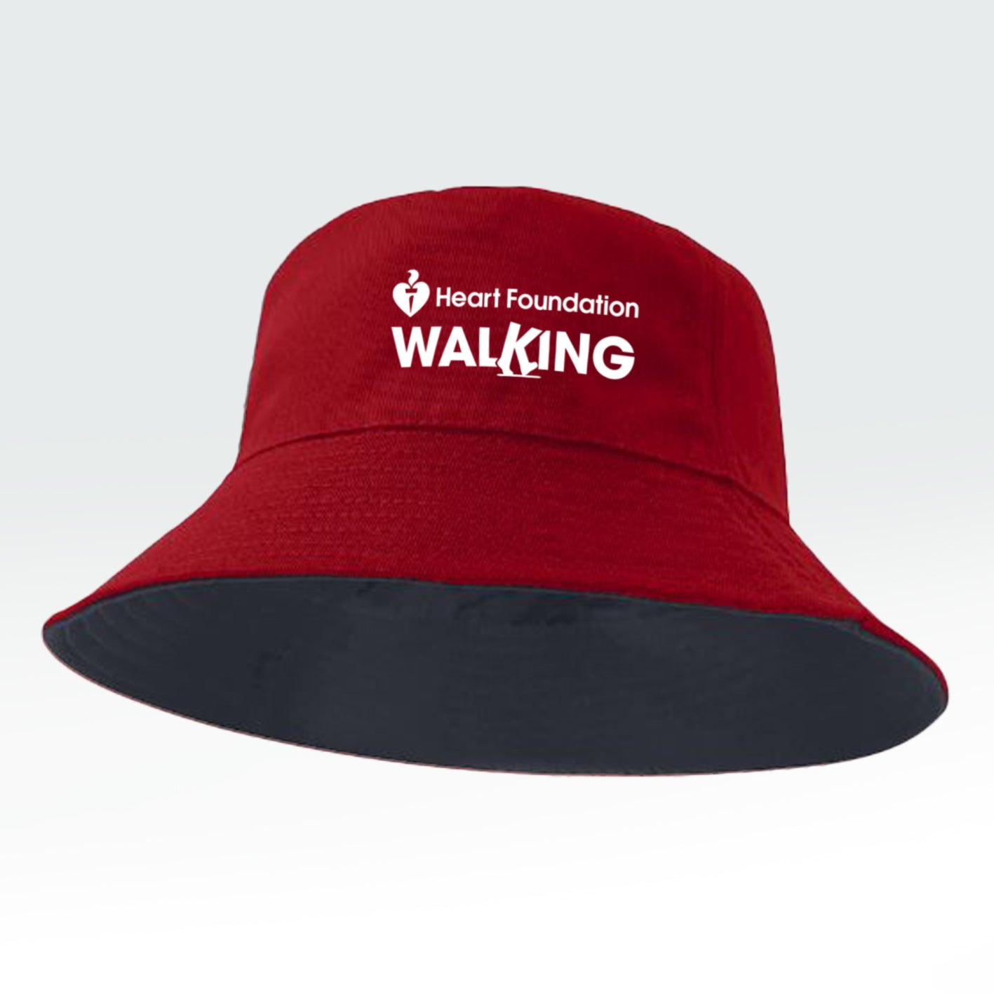 Red and navy bucket hat with 'Heart Foundation Walking' text on a light gray background