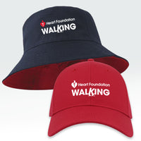 Navy bucket hat and red cap with Heart Foundation Walking logo featured on a light gray background