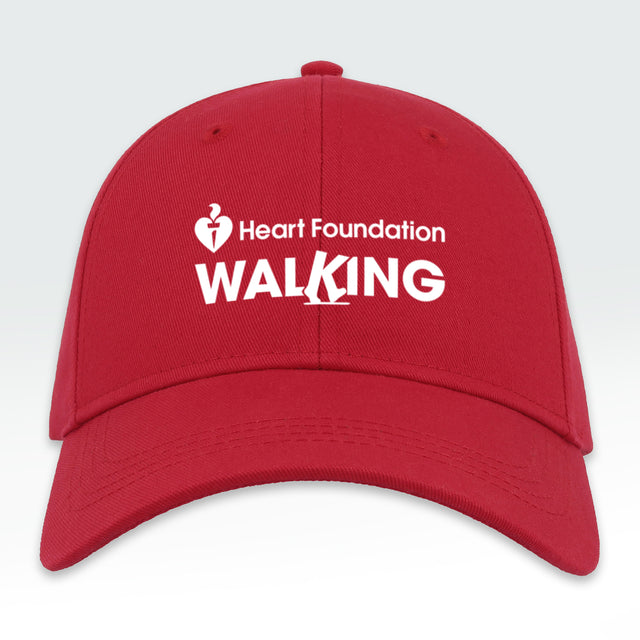 Red cap with Heart Foundation Walking logo on a white background