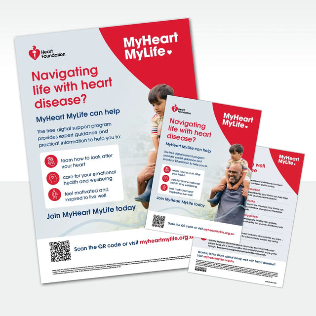 MyHeart MyLife poster and flyer from the Heart Foundation on a white background