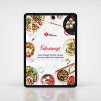 A tablet device displaying a recipe book cover titled 'Fakeways' by the Heart Foundation, shown on a clean white background with a soft reflection below.