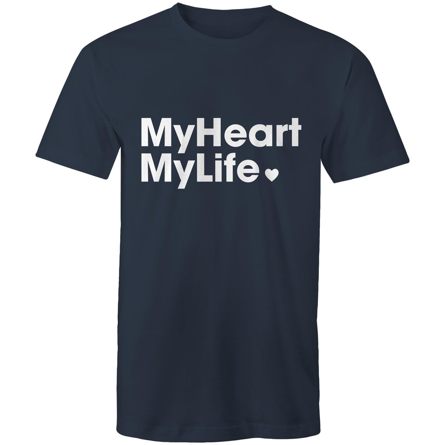 Heart Foundation's MyHeart MyLife unisex style navy t-shirt. Developed to promote the MyHeart MyLife support program for those recovering from a heart event.