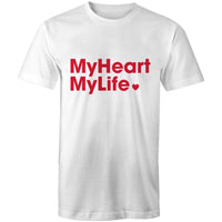 Heart Foundation's MyHeart MyLife unisex white t-shirt. Developed to promote the MyHeart MyLife support program for those recovering from a heart event.