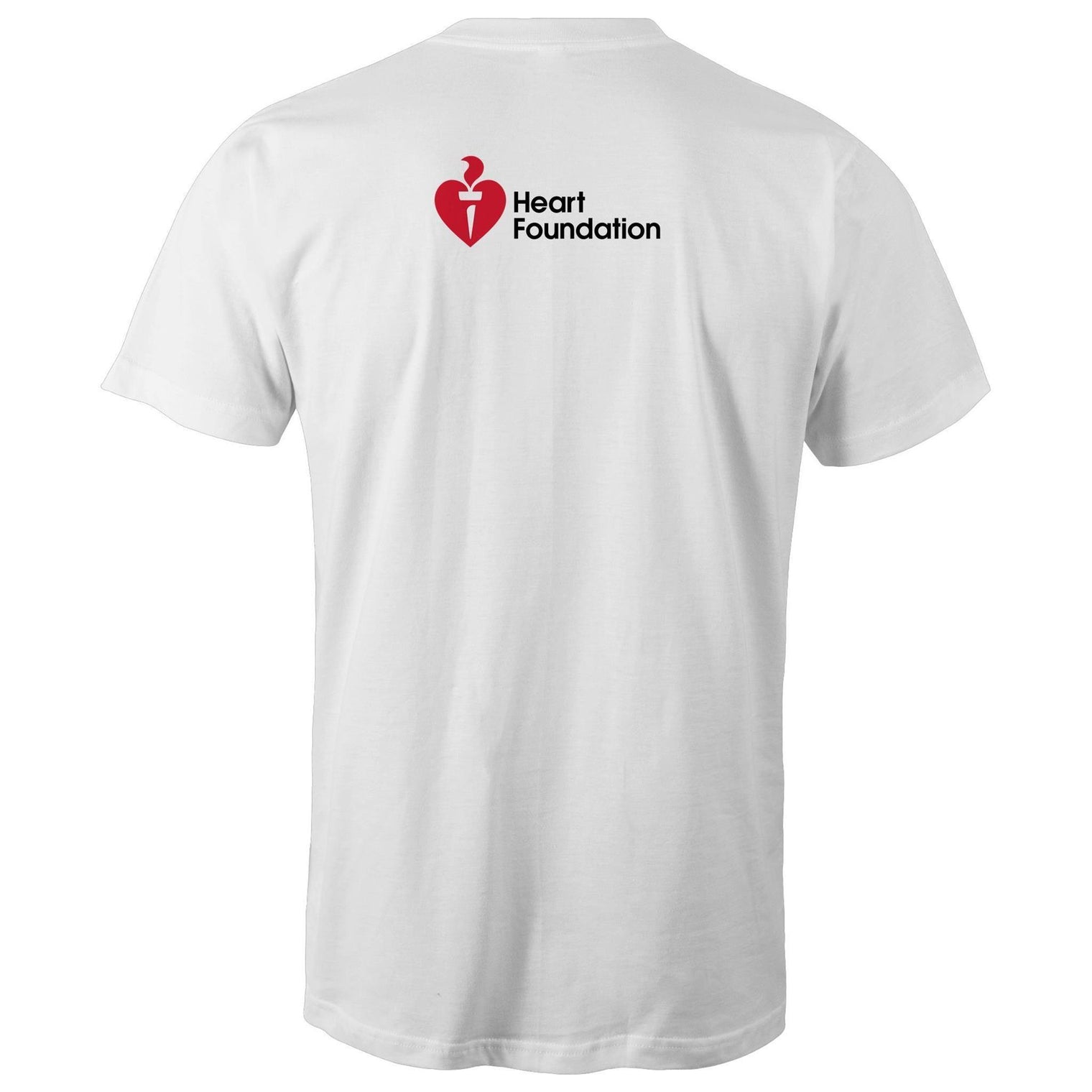 Back view of white unisex t-shirt featuring the Heart Foundation's logo between the shoulder blades.